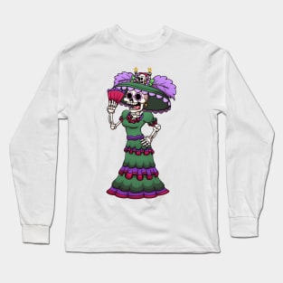 Mexican Catrina With Hand Fan Long Sleeve T-Shirt